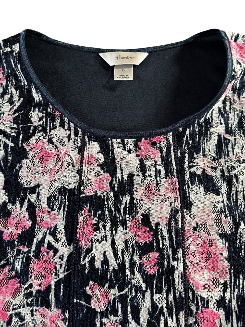 CJ Banks Black Top with Pink Floral Print 1X - Picture 2 of 12